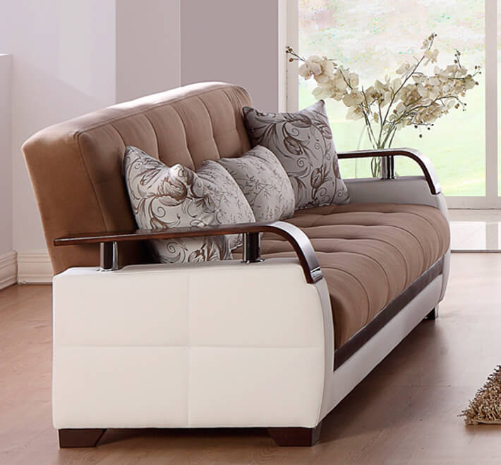 Natural Fabric/PU Storage Sleeper Loveseat w/Wooden Armrest - Thumbnail 2