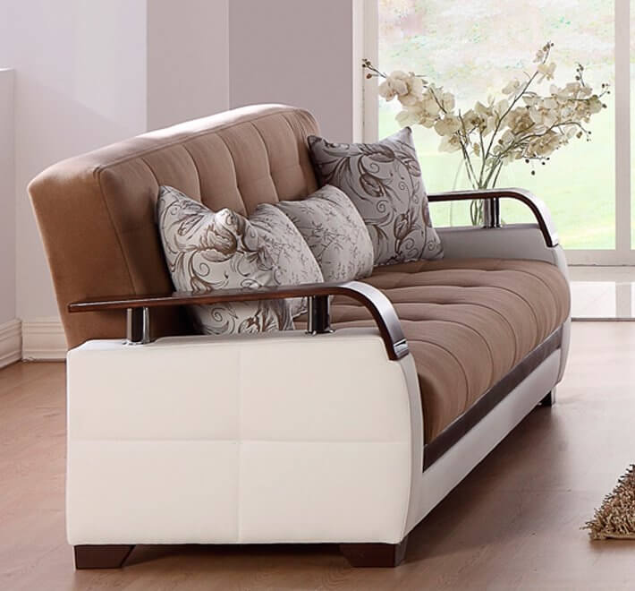 Natural Fabric/PU Storage Sleeper Loveseat w/Wooden Armrests