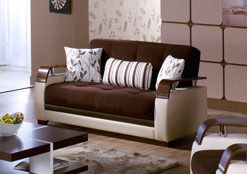 Natural Fabric/PU Storage Sleeper Loveseat w/Wooden Armrest