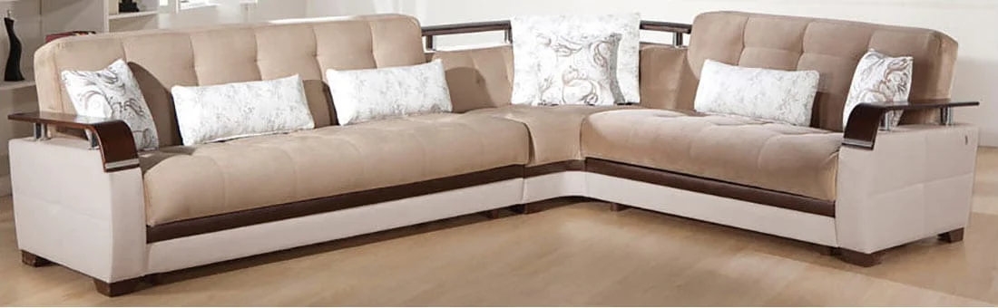 Natural Fabric/PU Storage Sleeper L-Shaped Sectional Sofa w/Wooden Armrests