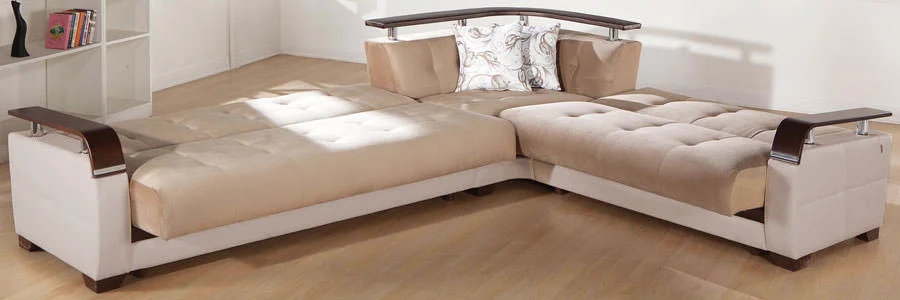 Natural Fabric/PU Storage Sleeper L-Shaped Sectional Sofa w/Wooden Armrests