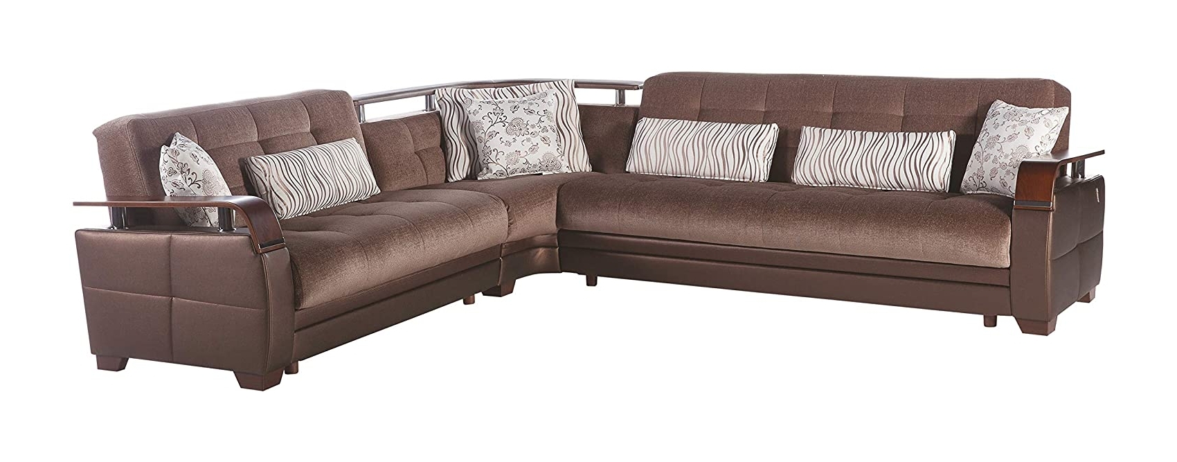 Natural Fabric/PU Storage Sleeper L-Shaped Sectional Sofa w/Wooden Armrests - Thumbnail 3