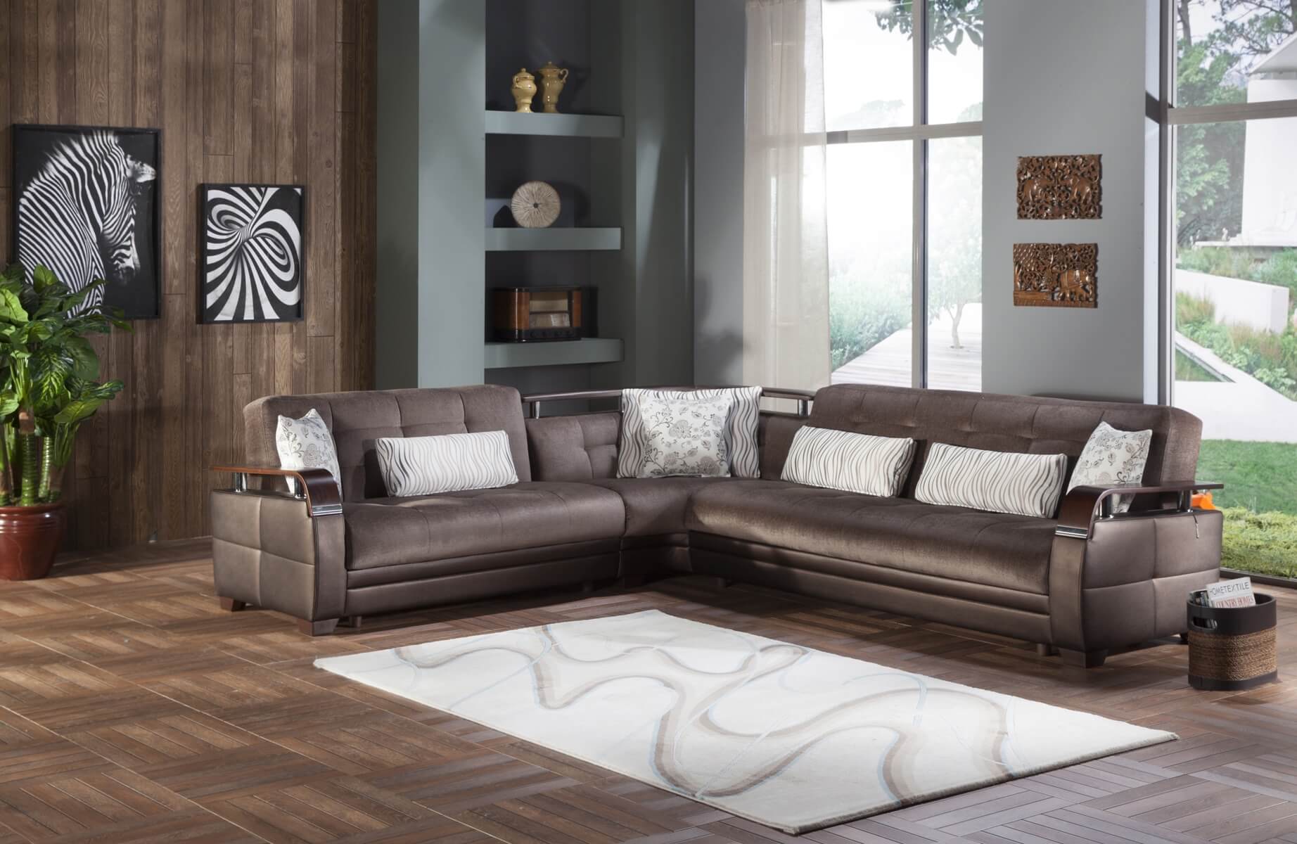 Natural Fabric/PU Storage L-Shaped Sectional Sofa w/Wooden Armrests