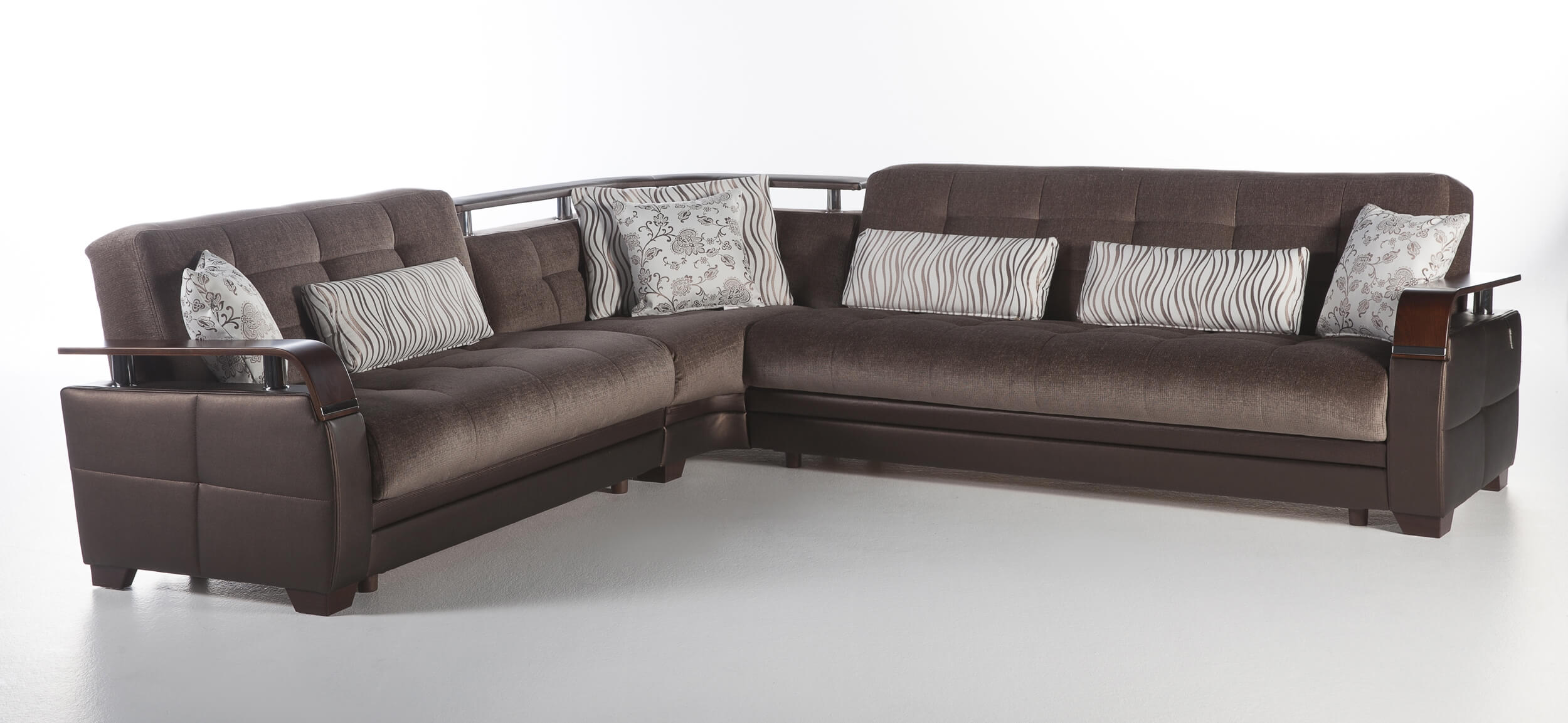 Natural Fabric/PU Storage L-Shaped Sectional Sofa w/Wooden Armrests