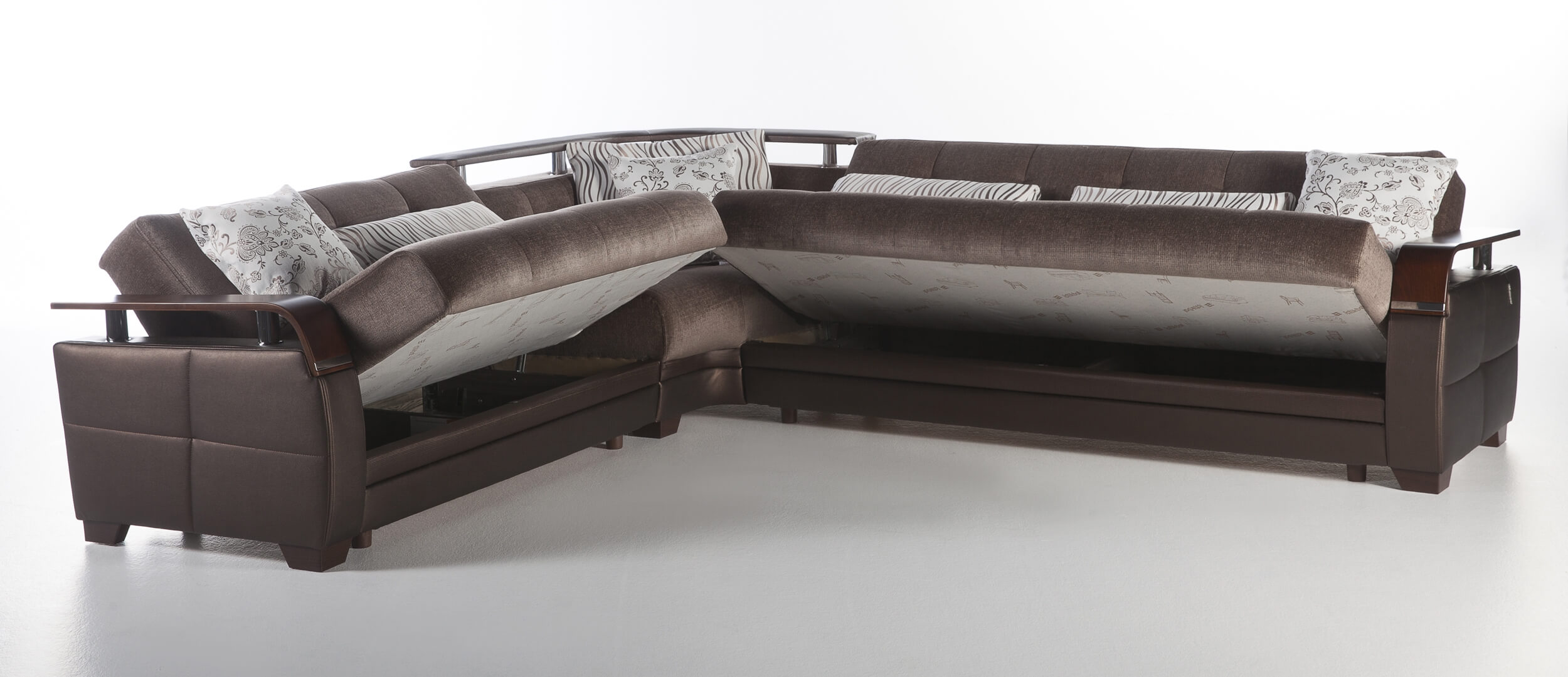 Natural Fabric/PU Storage L-Shaped Sectional Sofa w/Wooden Armrests