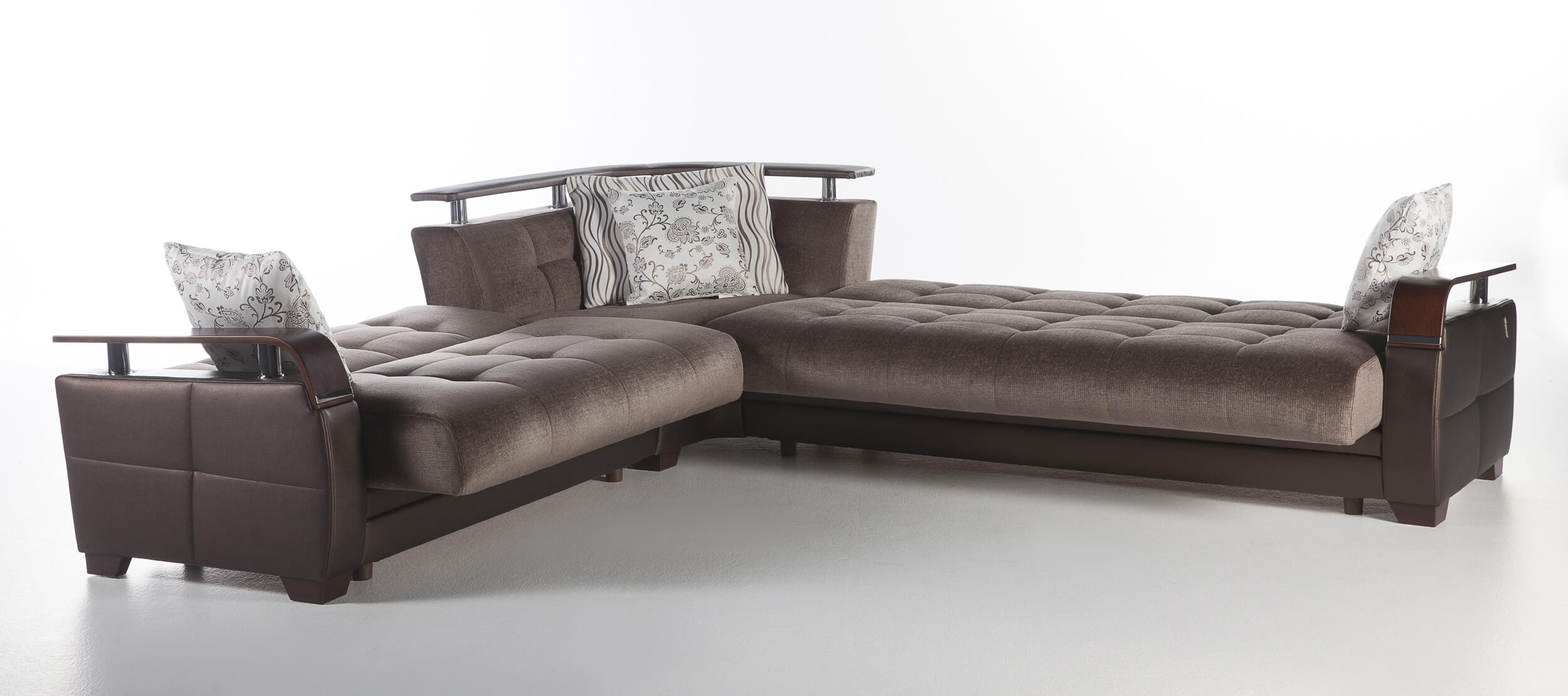 Natural Fabric/PU Storage L-Shaped Sectional Sofa w/Wooden Armrests