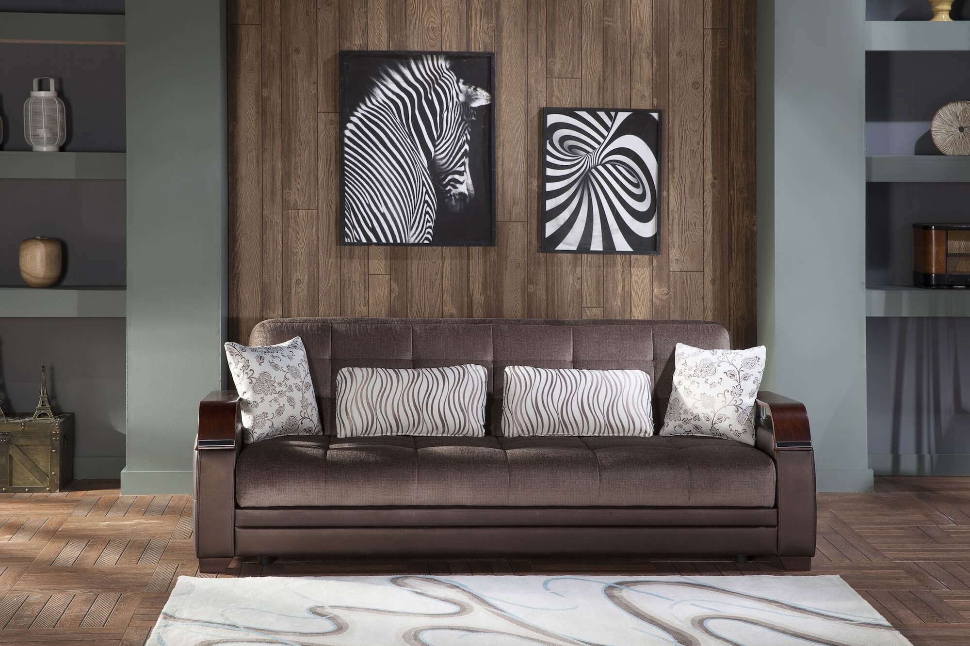 Natural Fabric/PU Storage Sleeper Living Room Set w/Wooden Armrests