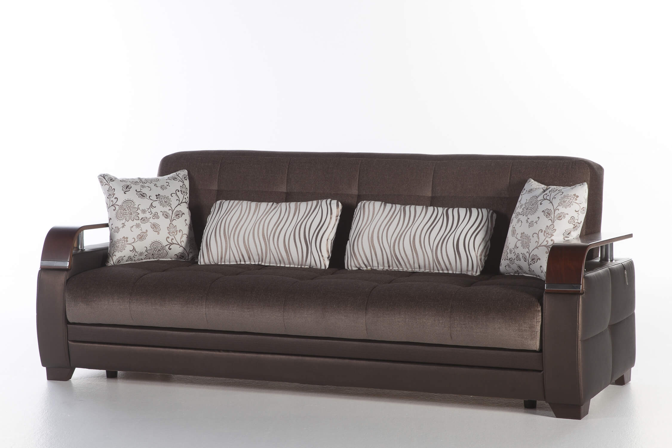 Natural Fabric/PU Storage Sleeper Sofabed w/Wooden Armrests