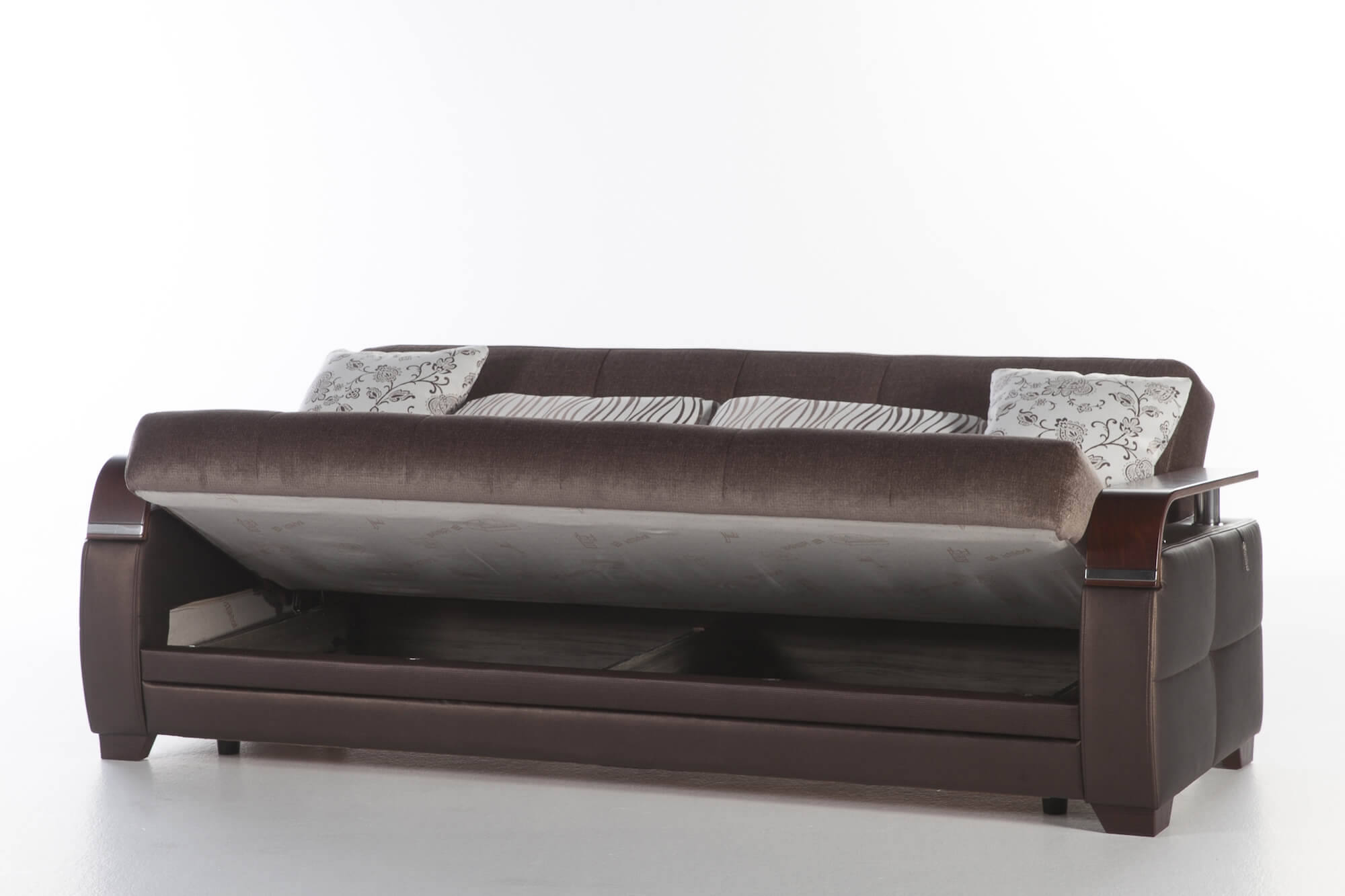 Natural Fabric/PU Storage Sleeper Sofabed w/Wooden Armrests