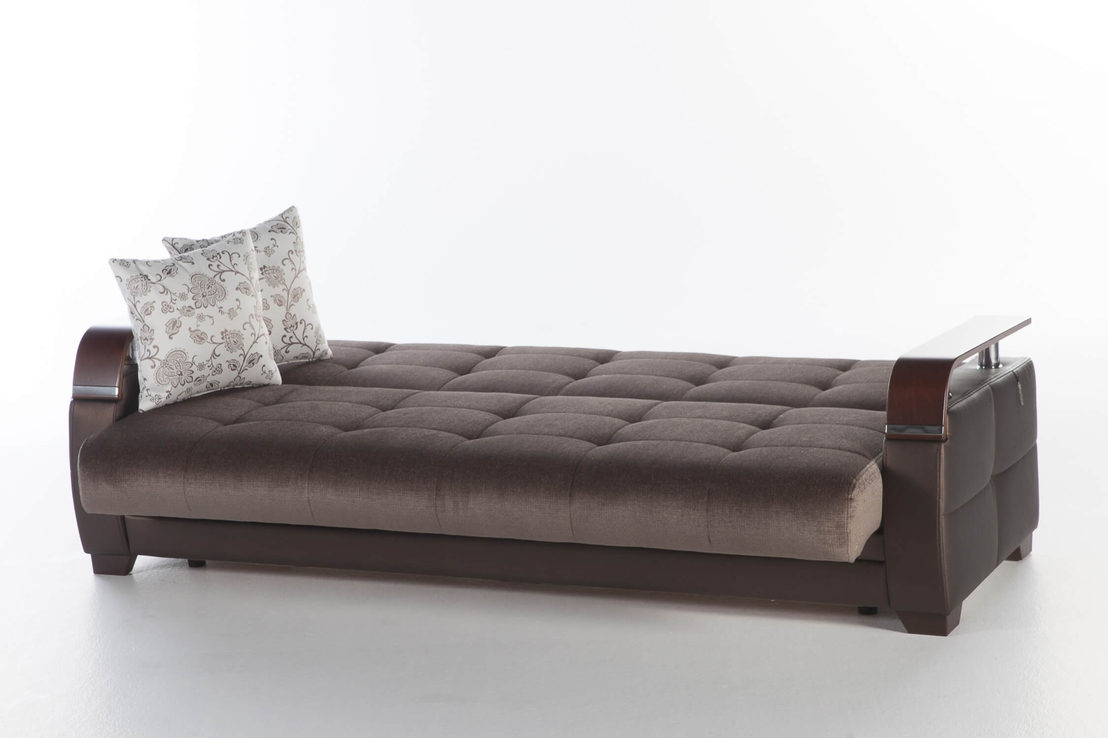 Natural Fabric/PU Storage Sleeper Sofabed w/Wooden Armrests