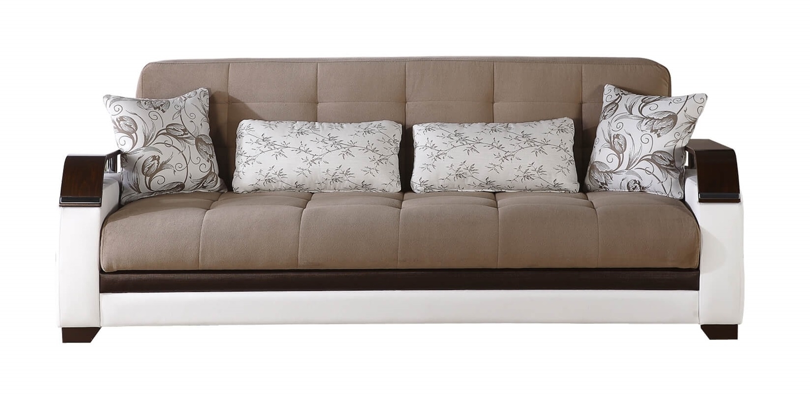 Natural Fabric/PU Storage Sleeper Sofabed w/Wooden Armrests