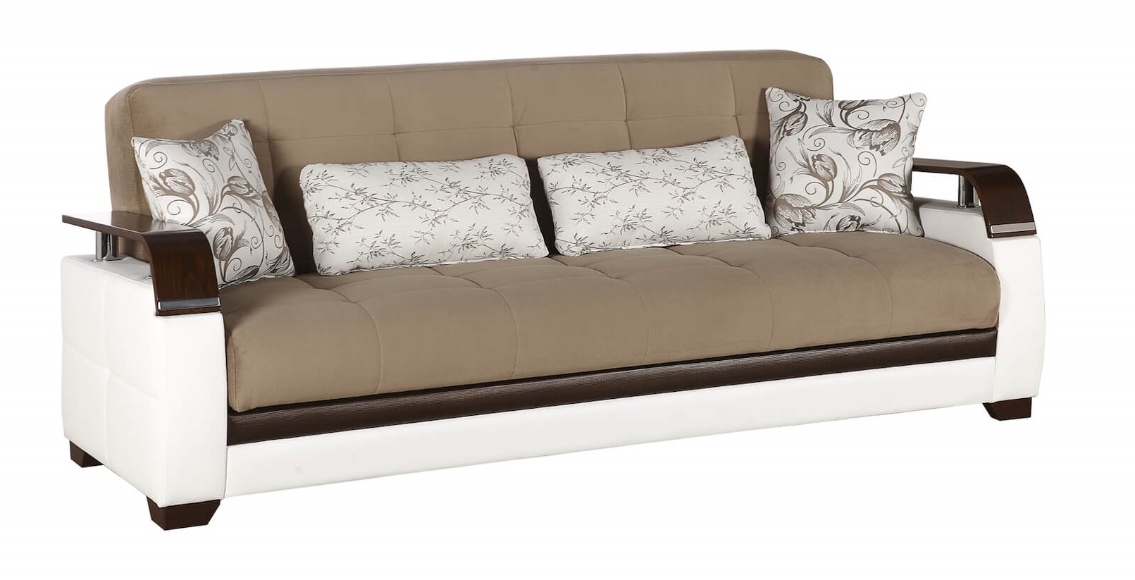 Natural Fabric/PU Storage Sleeper Sofabed w/Wooden Armrests