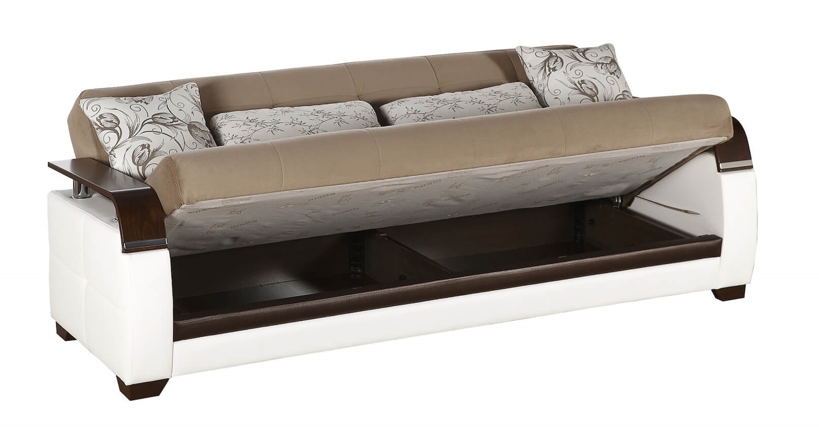 Natural Fabric/PU Storage Sleeper Sofabed w/Wooden Armrests