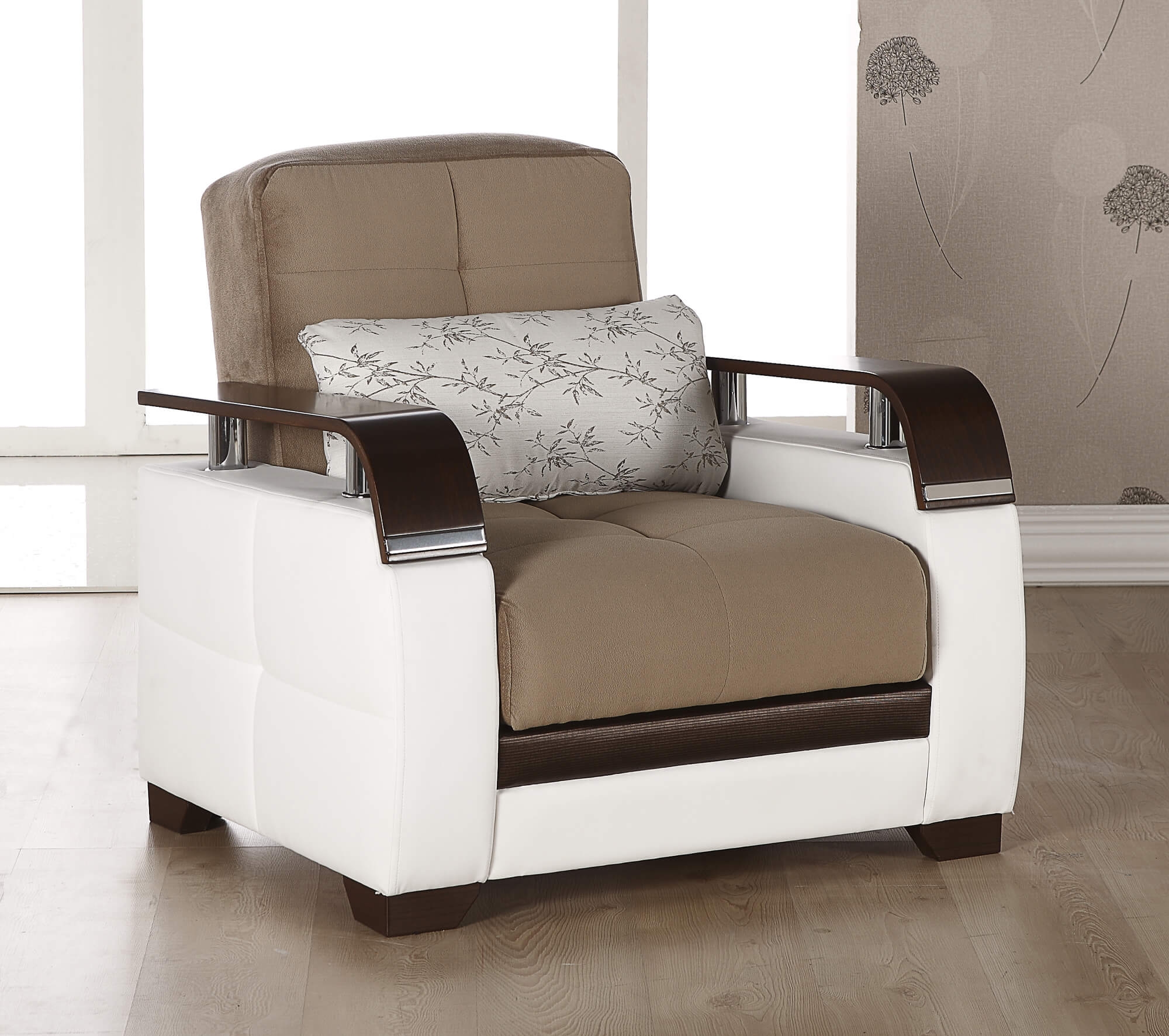 Natural Fabric/PU Storage Sleeper Armchair w/Wooden Armrests