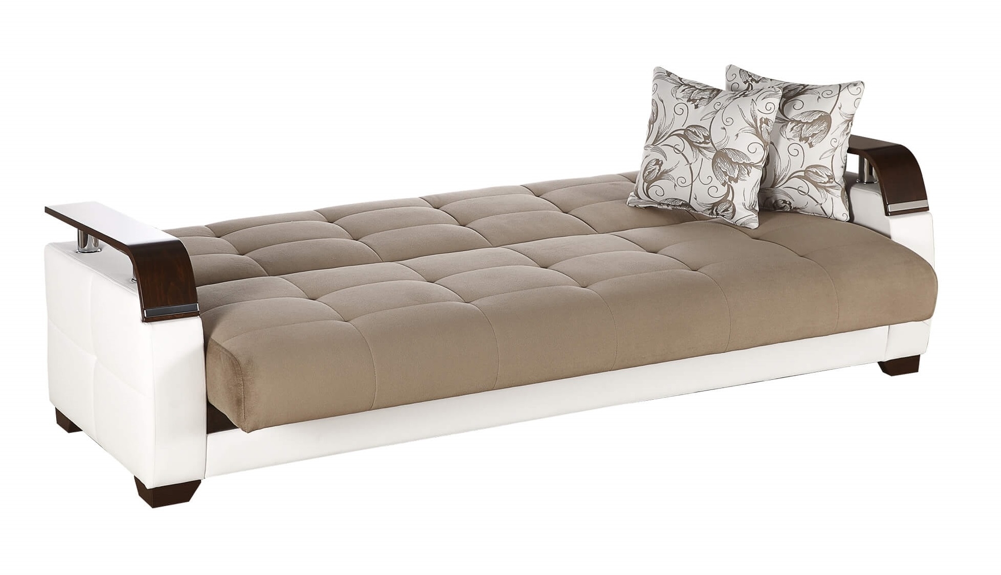 Natural Fabric/PU Storage Sleeper Living Room Set w/Wooden Armrests