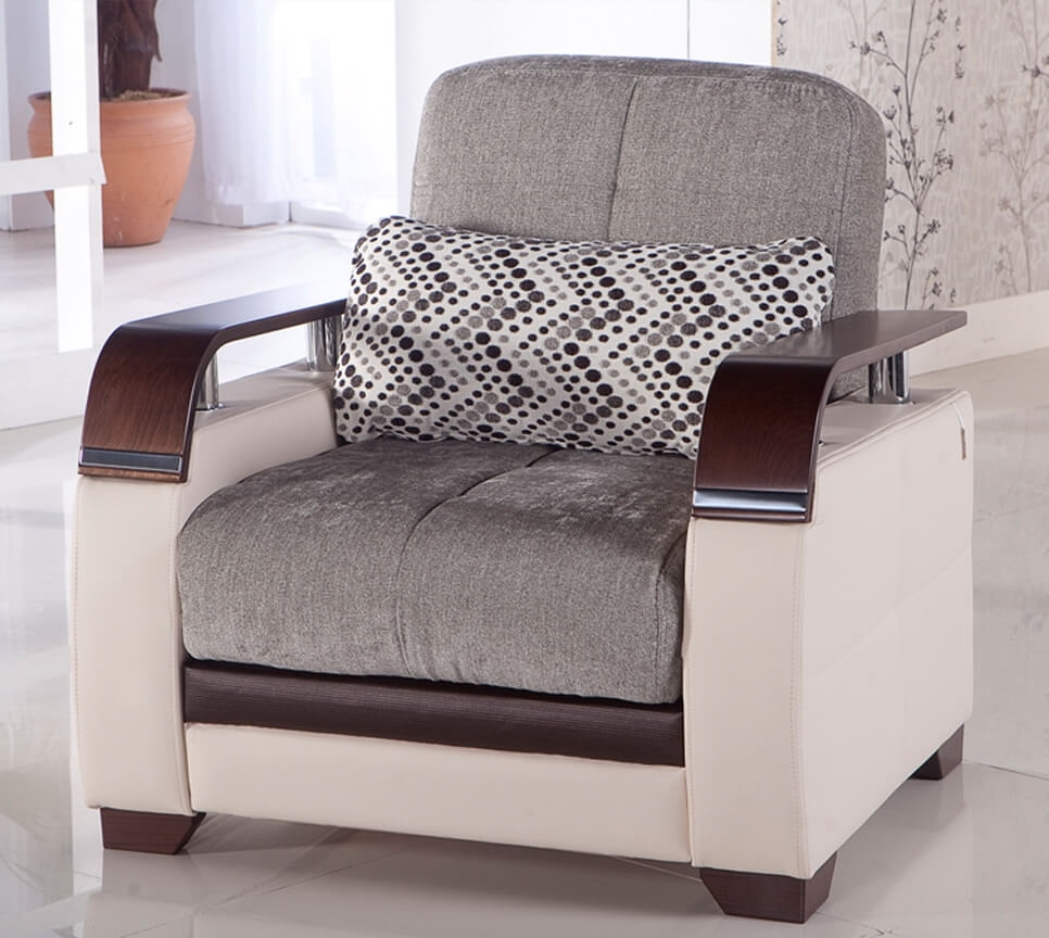 Natural Fabric/PU Storage Sleeper Armchair w/Wooden Armrests