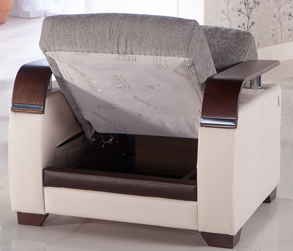 Natural Fabric/PU Storage Sleeper Armchair w/Wooden Armrests