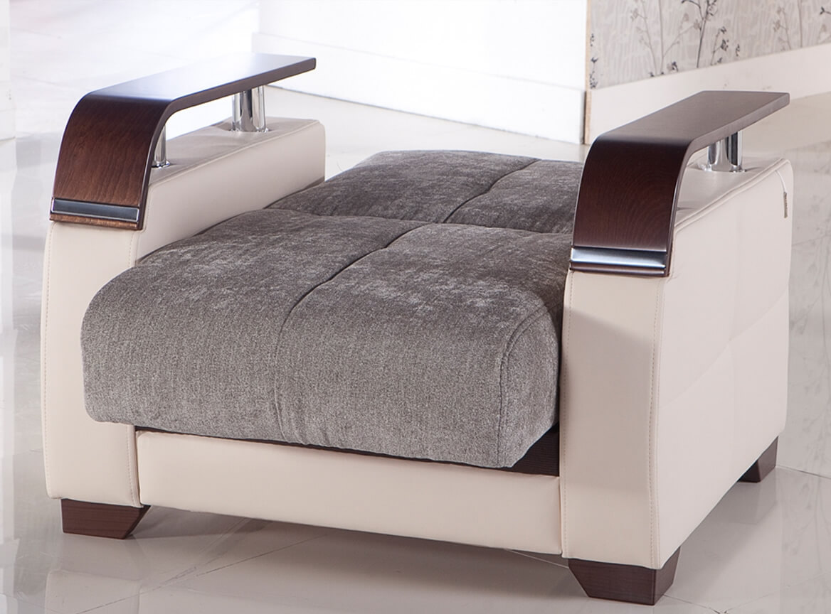 Natural Fabric/PU Storage Sleeper Armchair w/Wooden Armrests