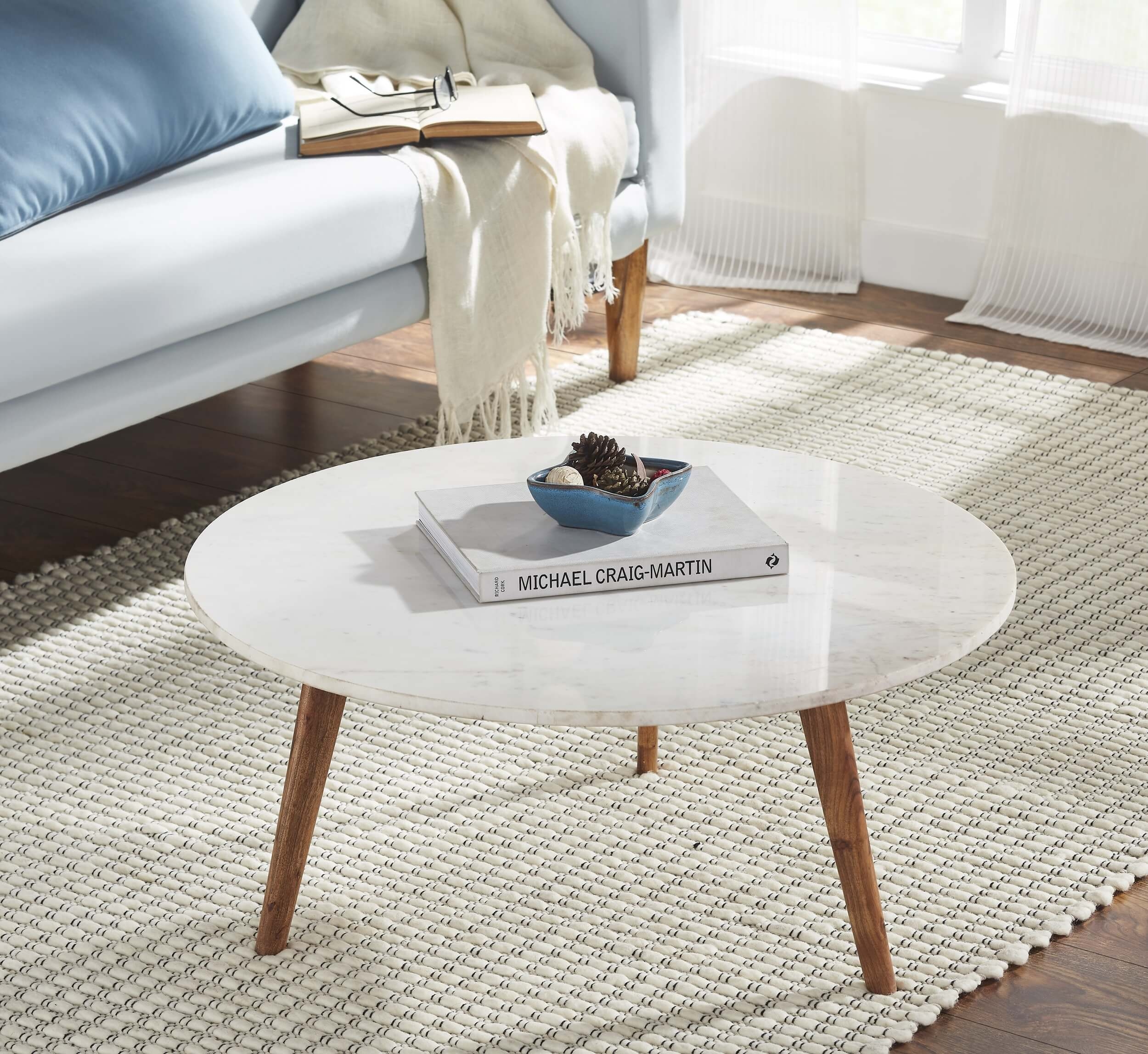 Nero Authentic Marble Round Coffee Table w/ Wood Legs