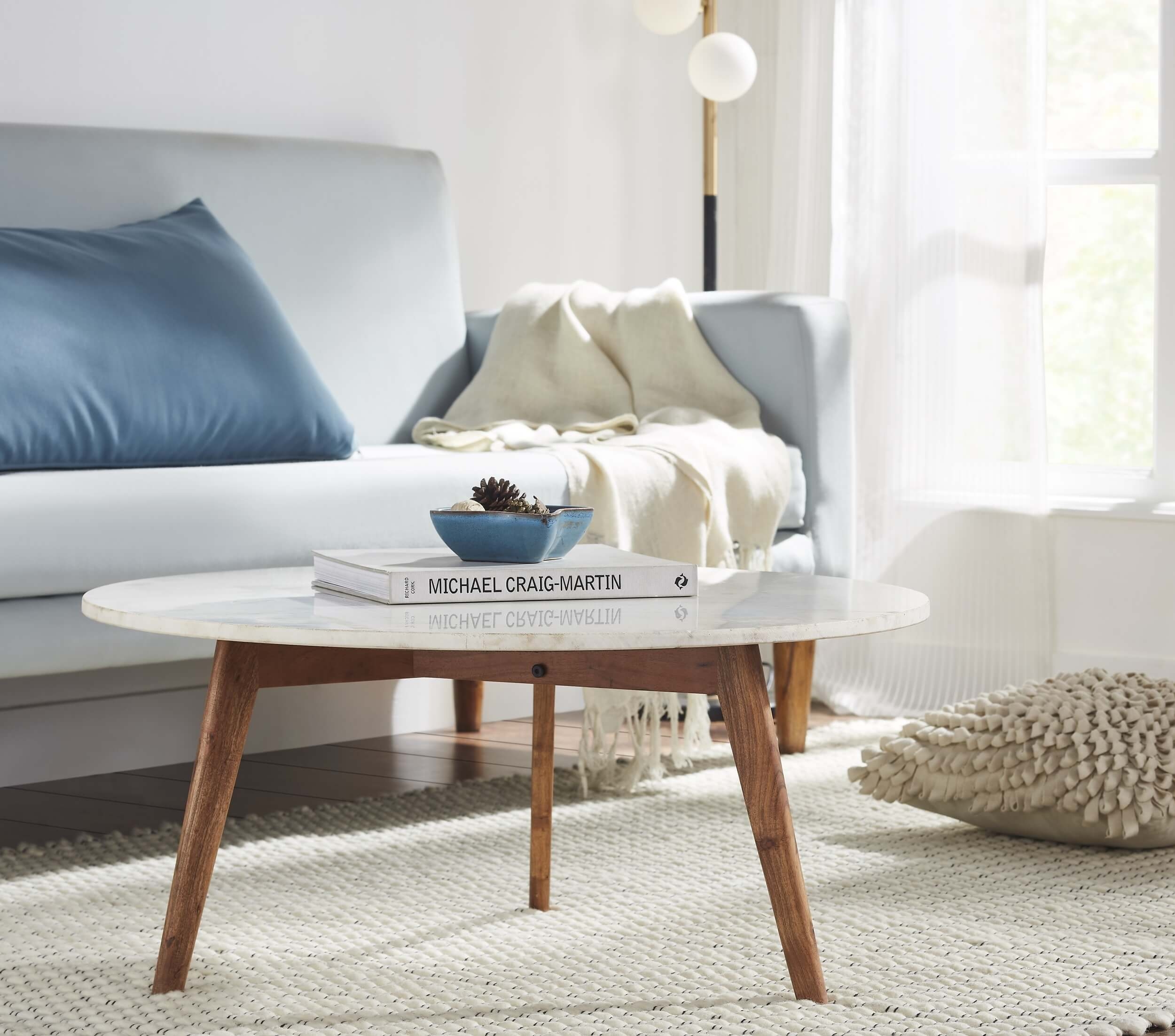 Nero Authentic Marble Round Coffee Table w/ Wood Legs