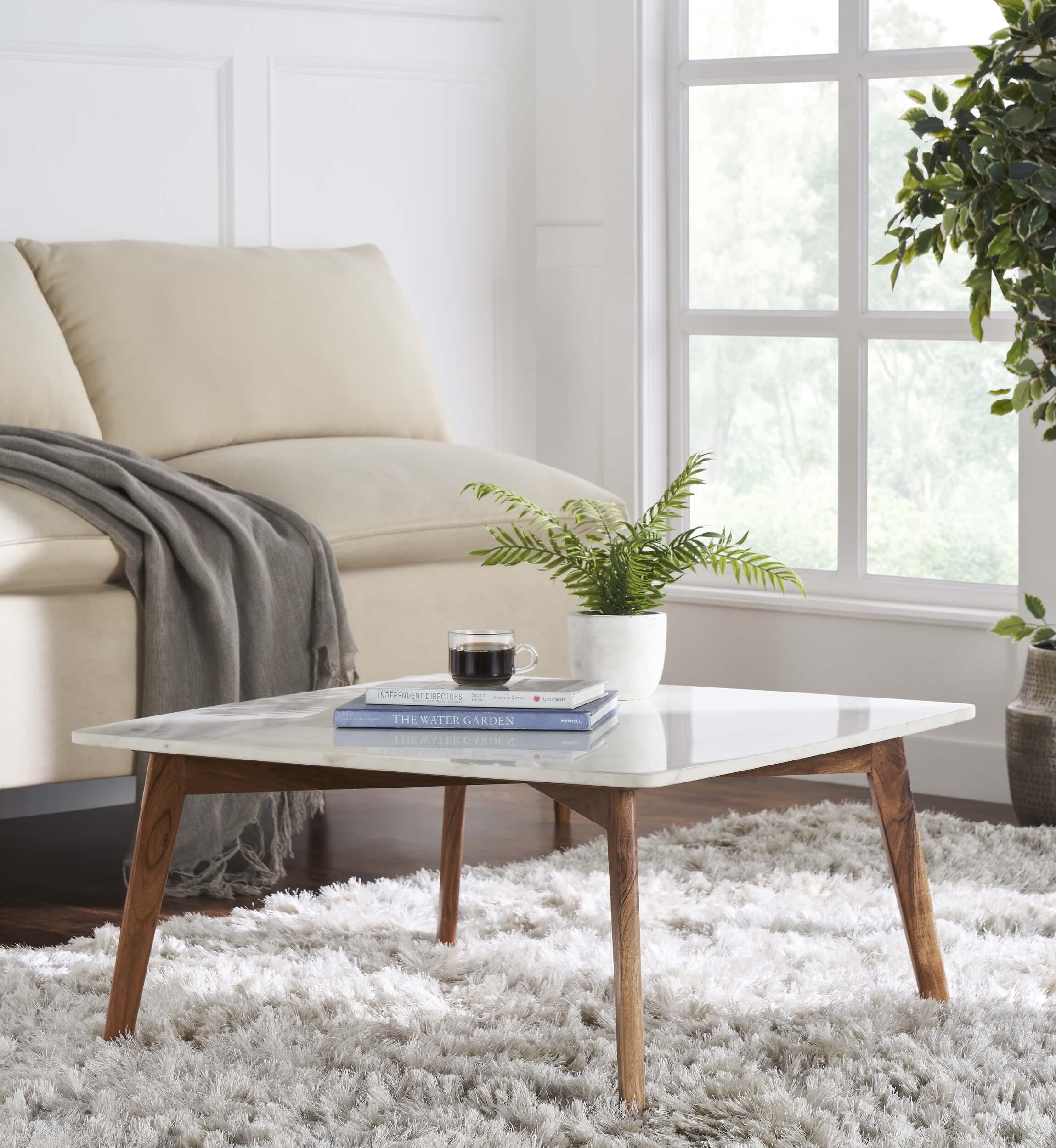 Nero Authentic Marble Square Coffee Table w/ Wood Legs