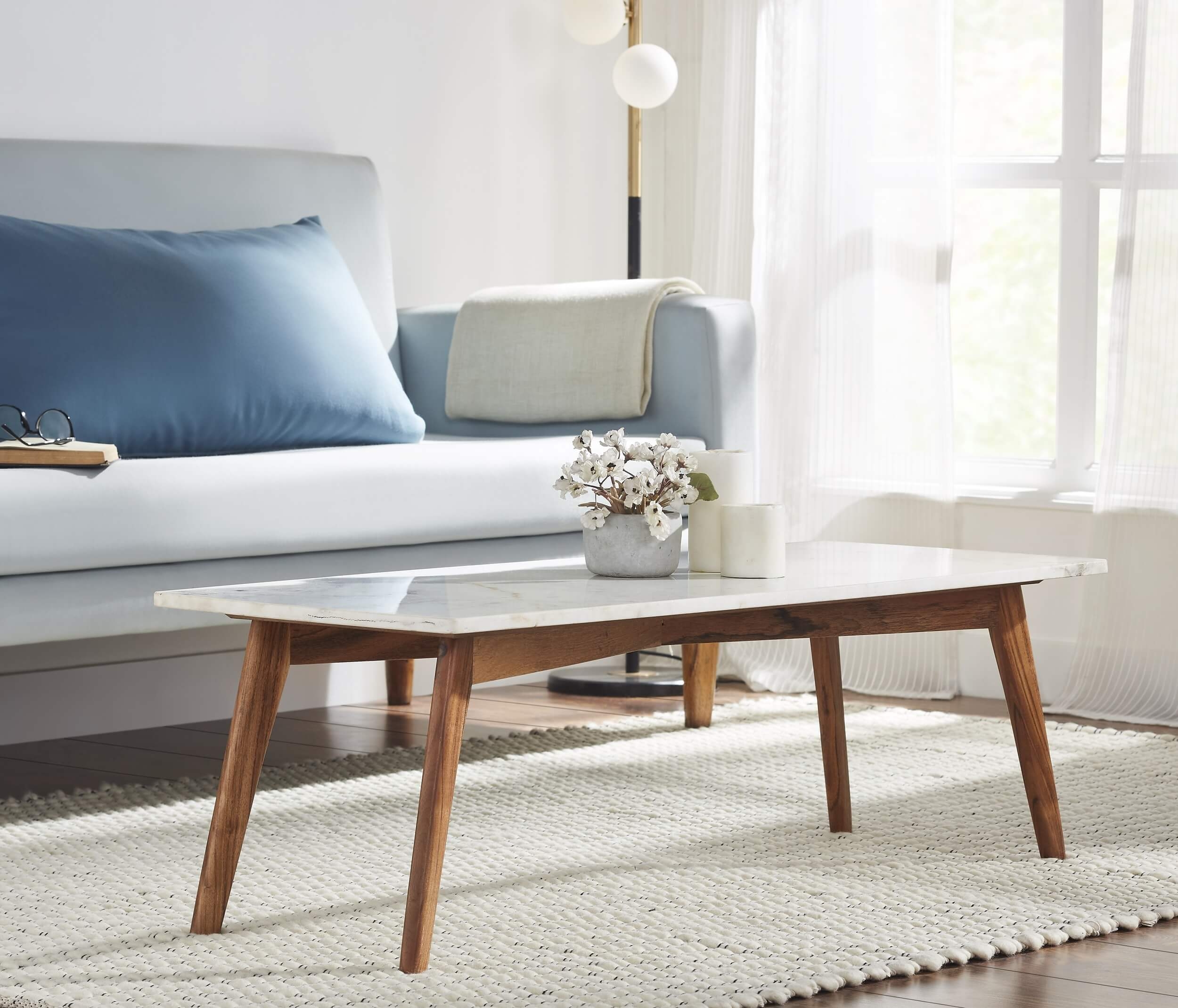 Nero Authentic Marble Rectangle Coffee Table w/ Wood Legs