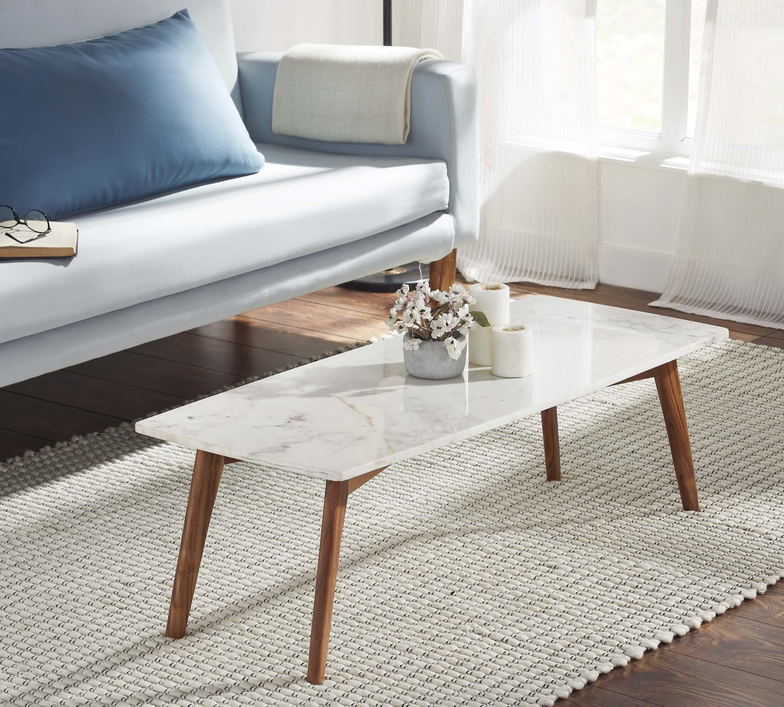 Nero Authentic Marble Rectangle Coffee Table w/ Wood Legs