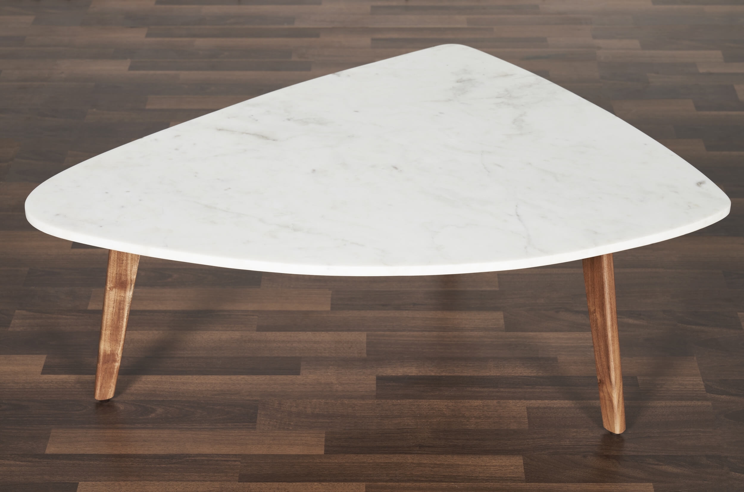 Nero Authentic Marble Triangular Coffee Table w/ Wood Legs