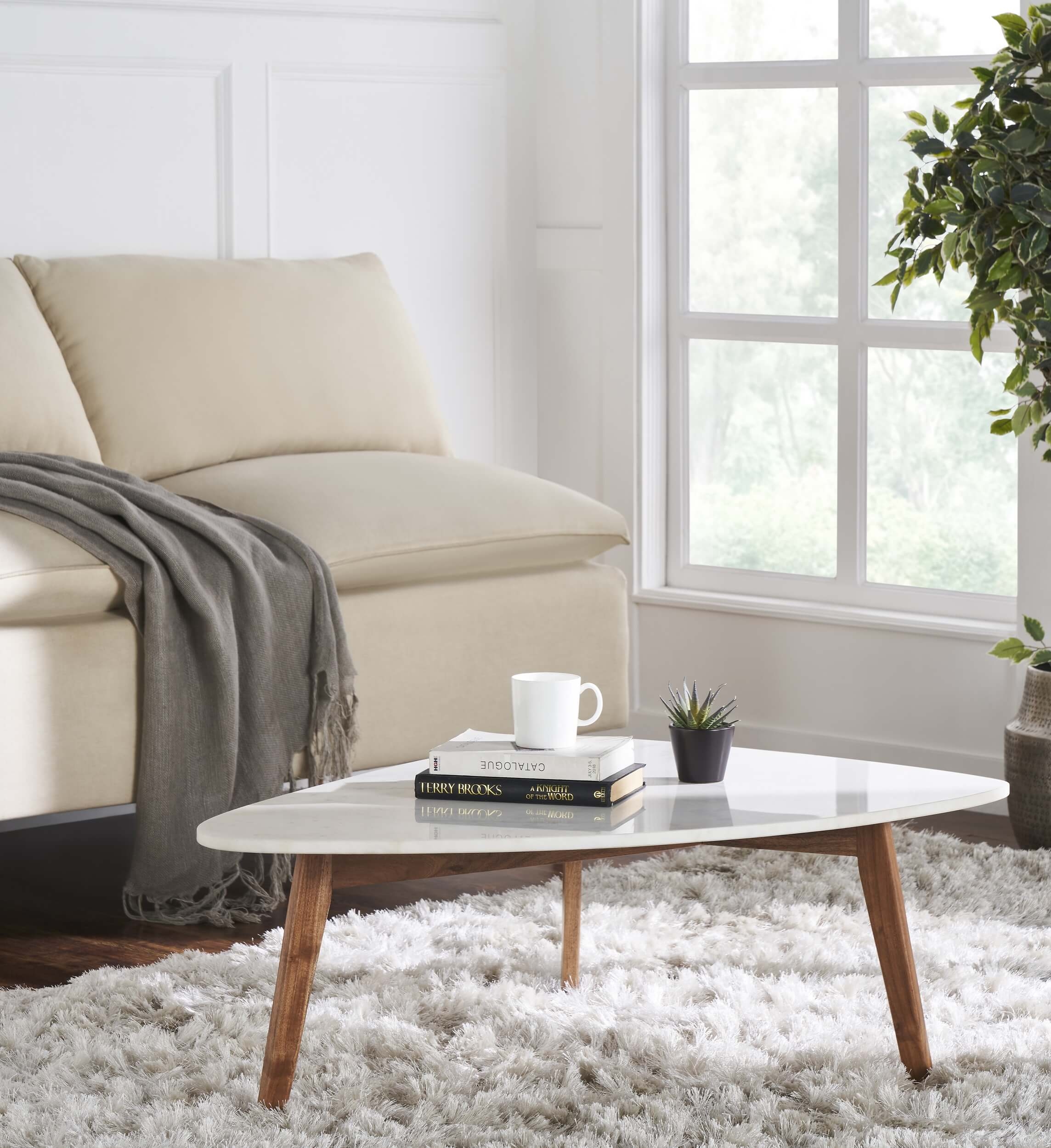 Nero Authentic Marble Triangular Coffee Table w/ Wood Legs