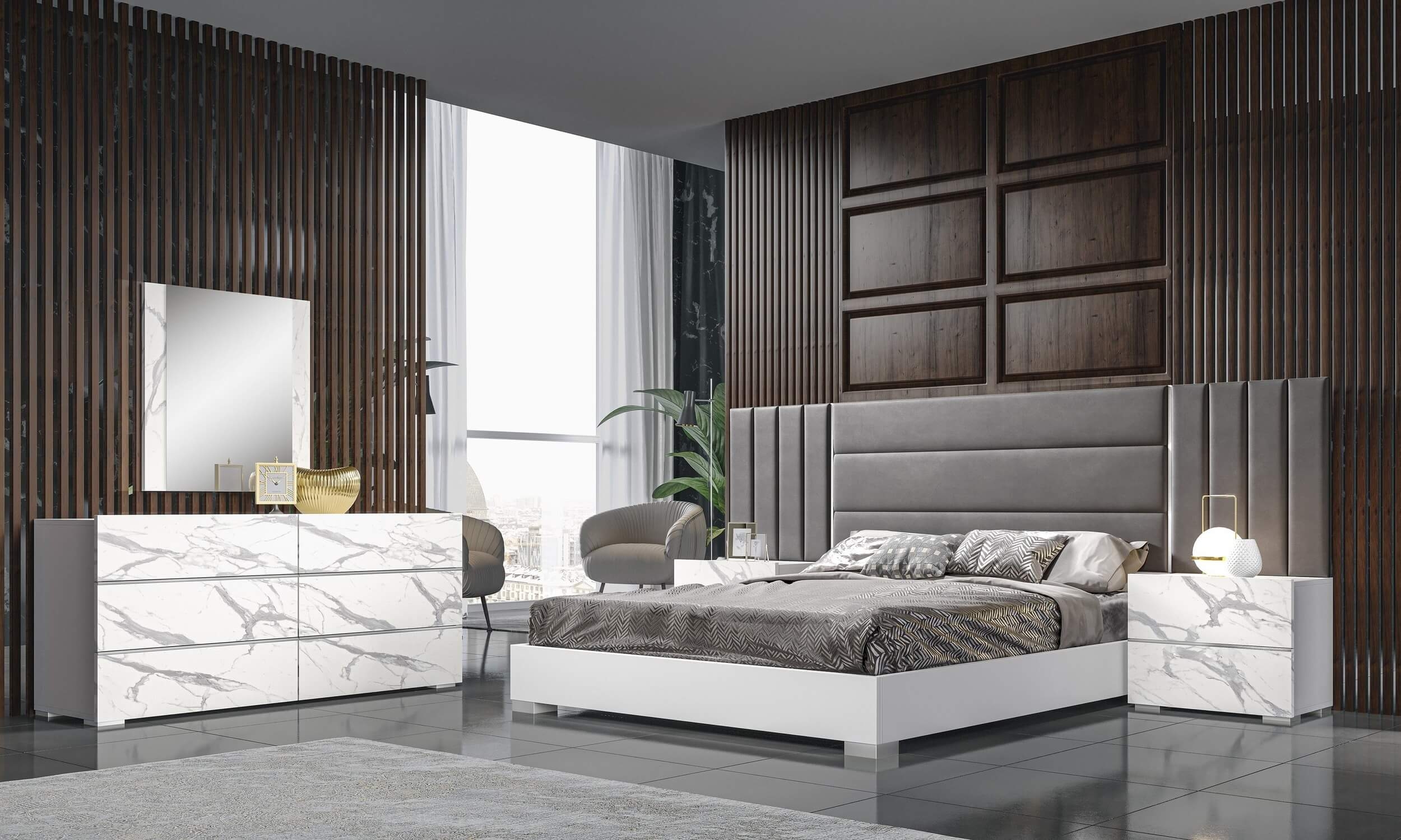 Nina Premium Wood Veneer Bed with Tufted Velvet Headboard