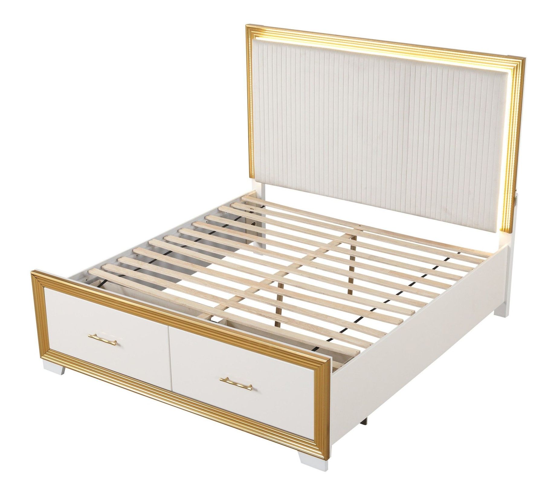 Obsession King Size Bed with Fabric Upholstered Headboard, Storage Drawers & LED Lighting