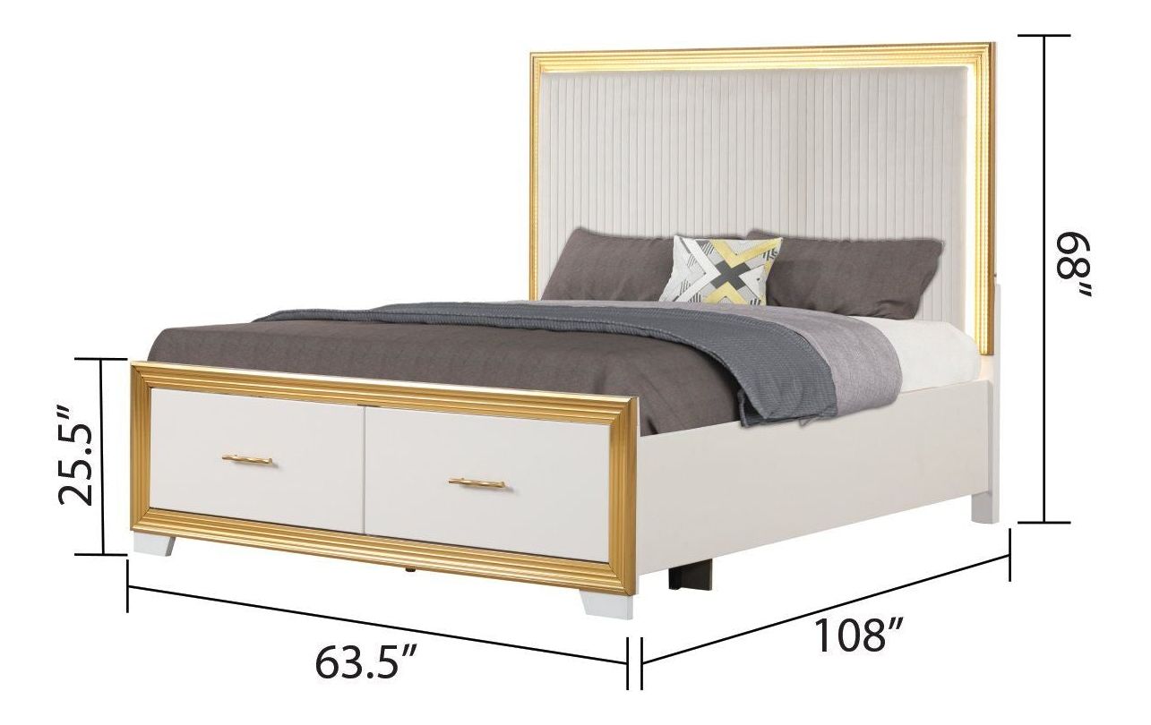 Obsession Queen Size Bed with Fabric Upholstered Headboard, Storage Drawers & LED Lighting
