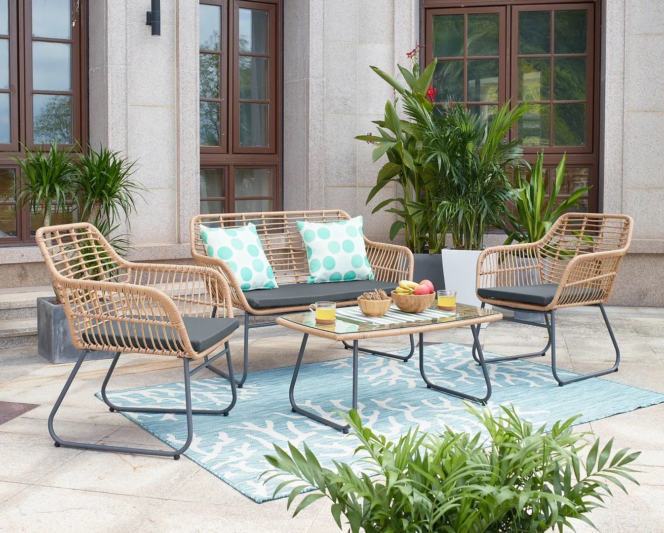 Antibes 2.0 Steel Rattan 4-Piece Patio Conversation Set w/Cushions