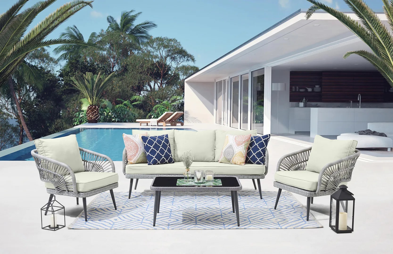 Riviera Rope Wicker 4-Piece 5 Seater Patio Conversation Set w/Cushions