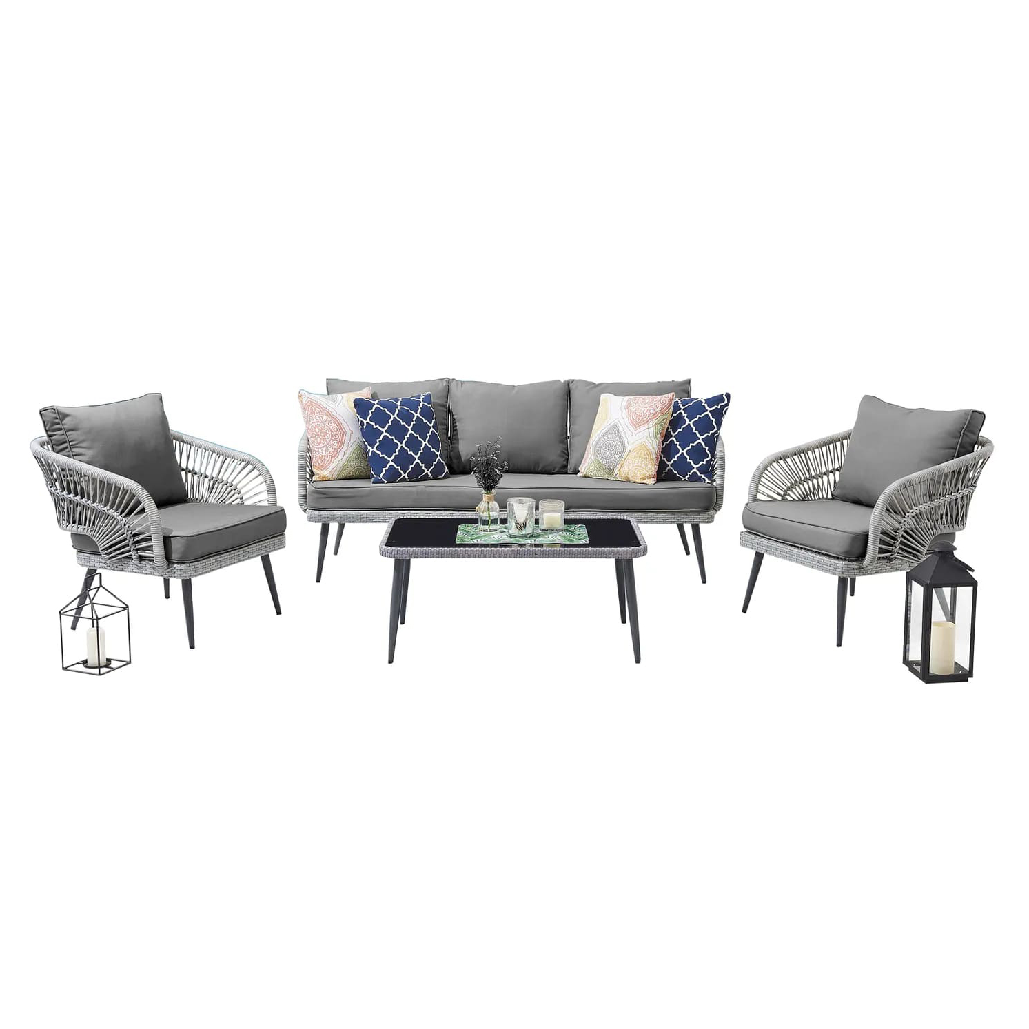 Riviera Rope Wicker 4-Piece 5 Seater Patio Conversation Set w/Cushions