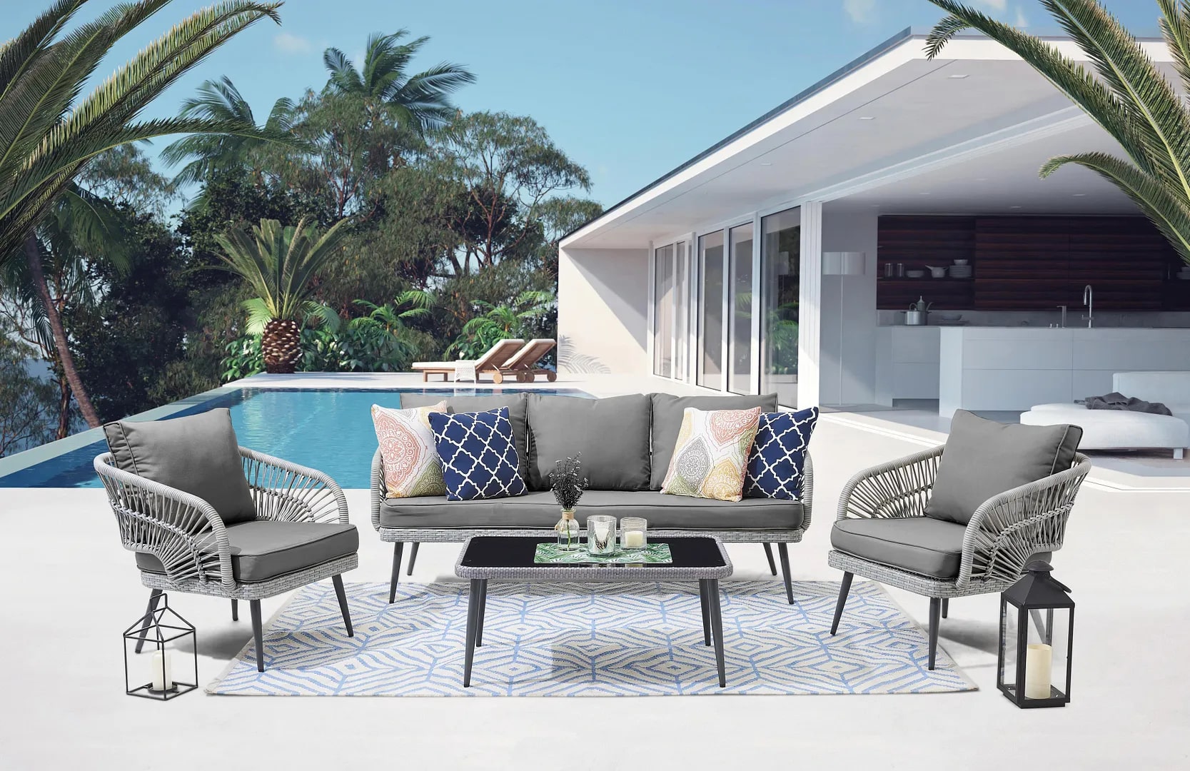Riviera Rope Wicker 4-Piece 5 Seater Patio Conversation Set w/Cushions