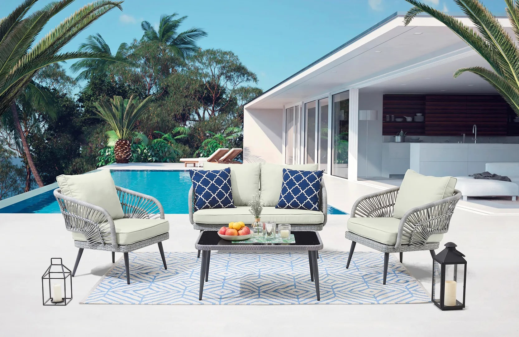 Manhattan Comfort Riviera Rope 4Pc 4 Seat Patio Set w/Cushions, Cream