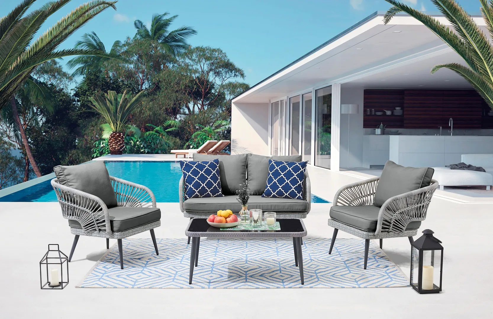 Riviera Rope Wicker 4-Piece 4 Seater Patio Conversation Set w/Cushions