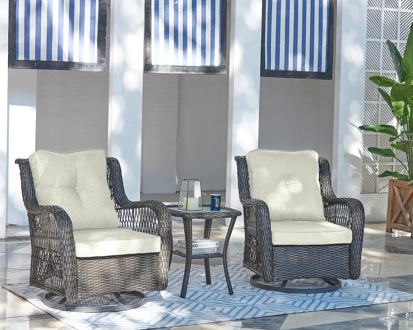 Fruttuo Swivel Steel Rattan 3-Piece Patio Conversation Set w/Cushions