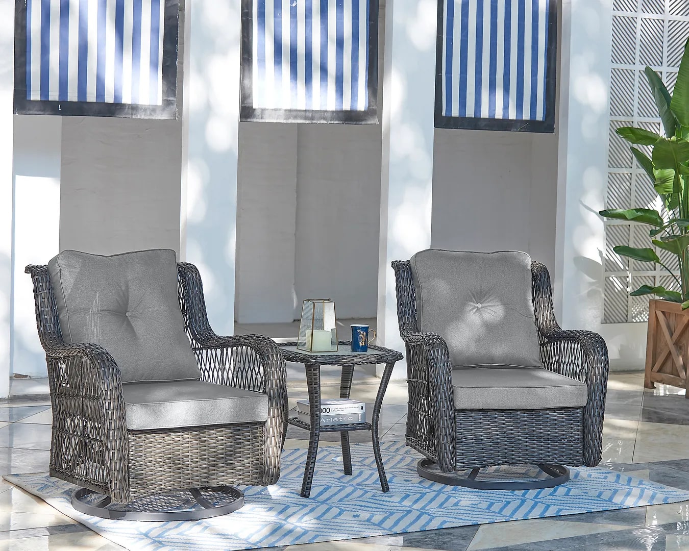 Fruttuo Swivel Steel Rattan 3-Piece Patio Conversation Set w/Cushions