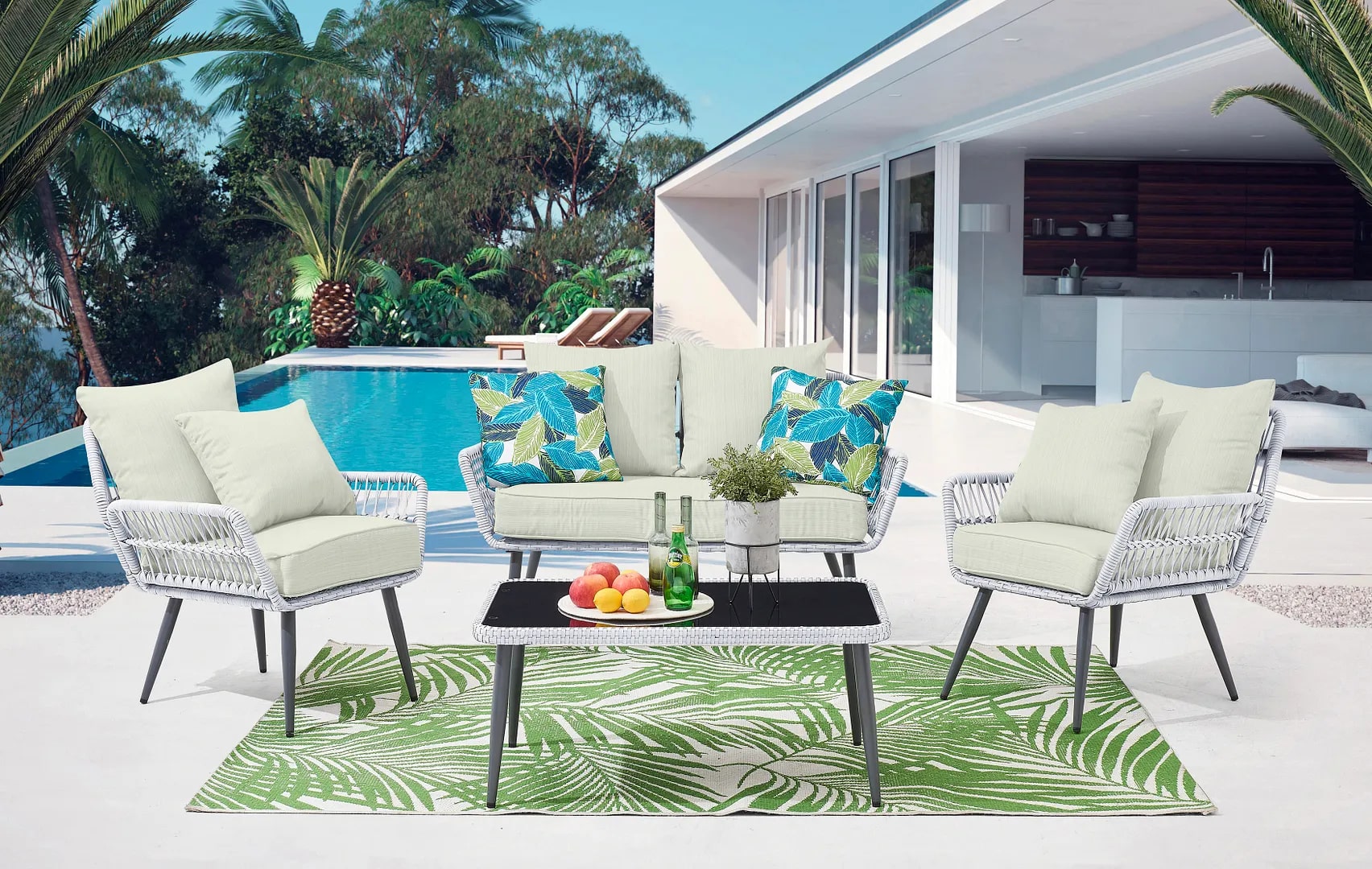 Portofino Rope Wicker 4-Piece Patio Conversation Set w/Cushions