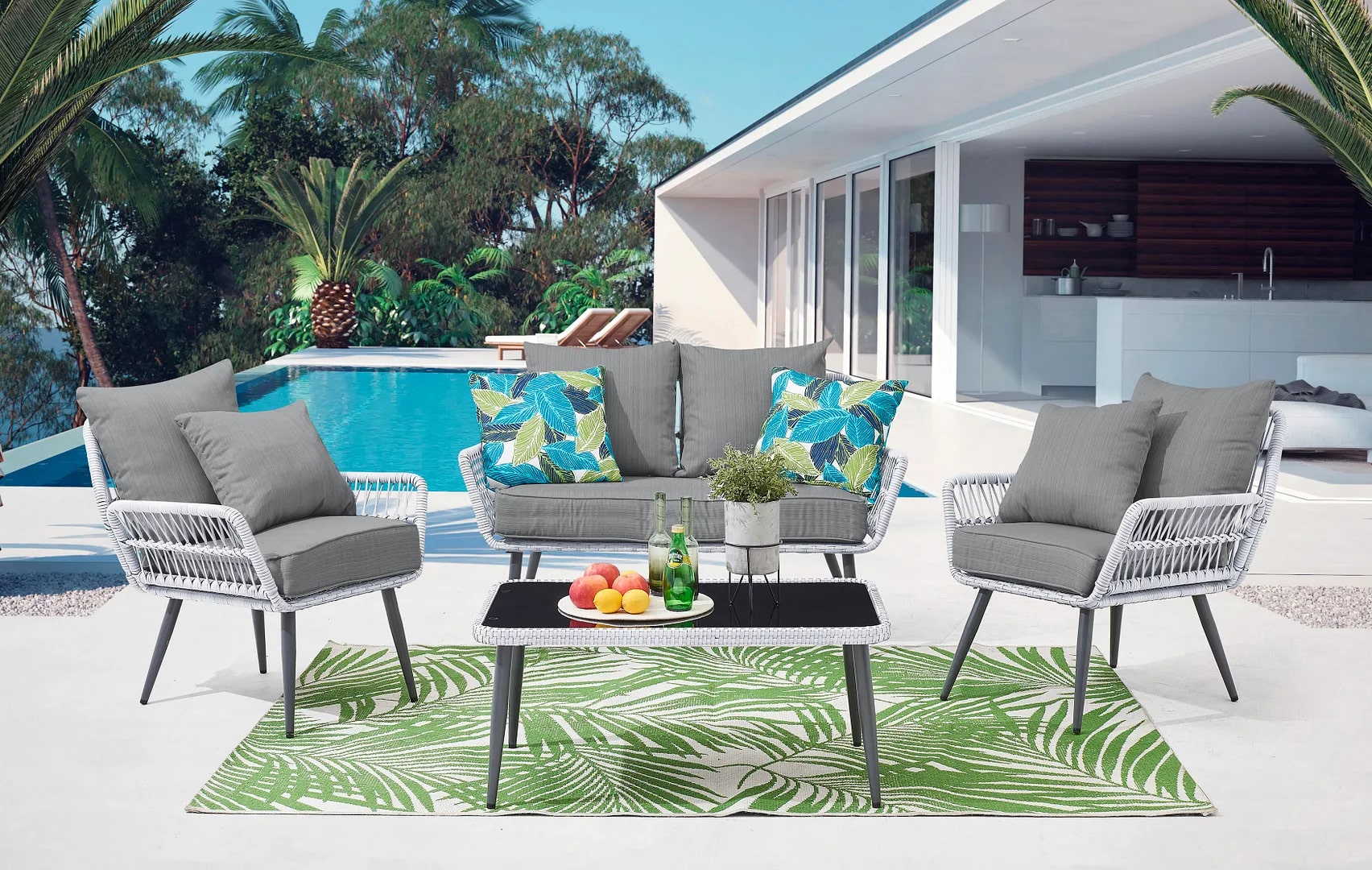 Portofino Rope Wicker 4-Piece Patio Conversation Set w/Cushions