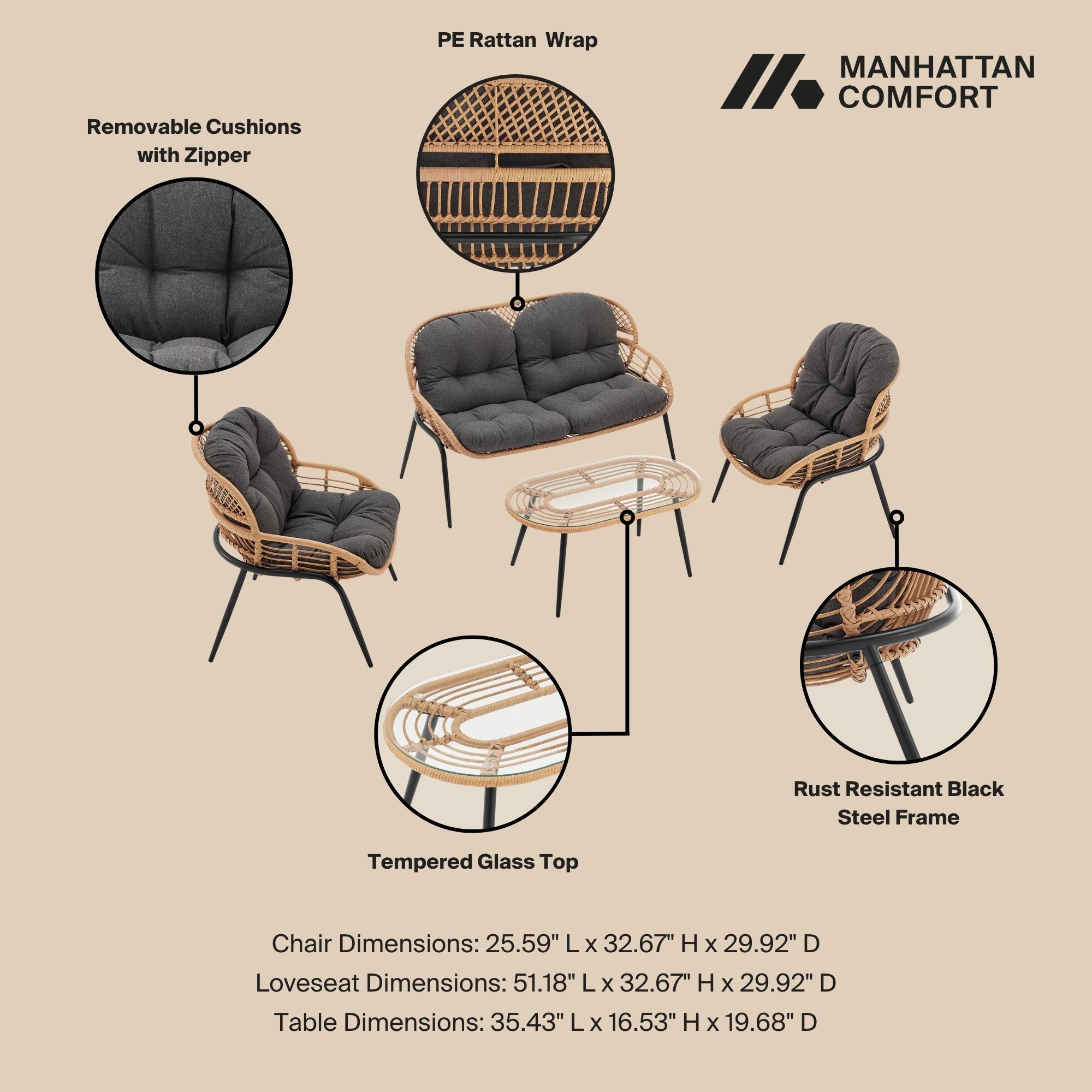 Pine 4-Piece Patio Conversation Set