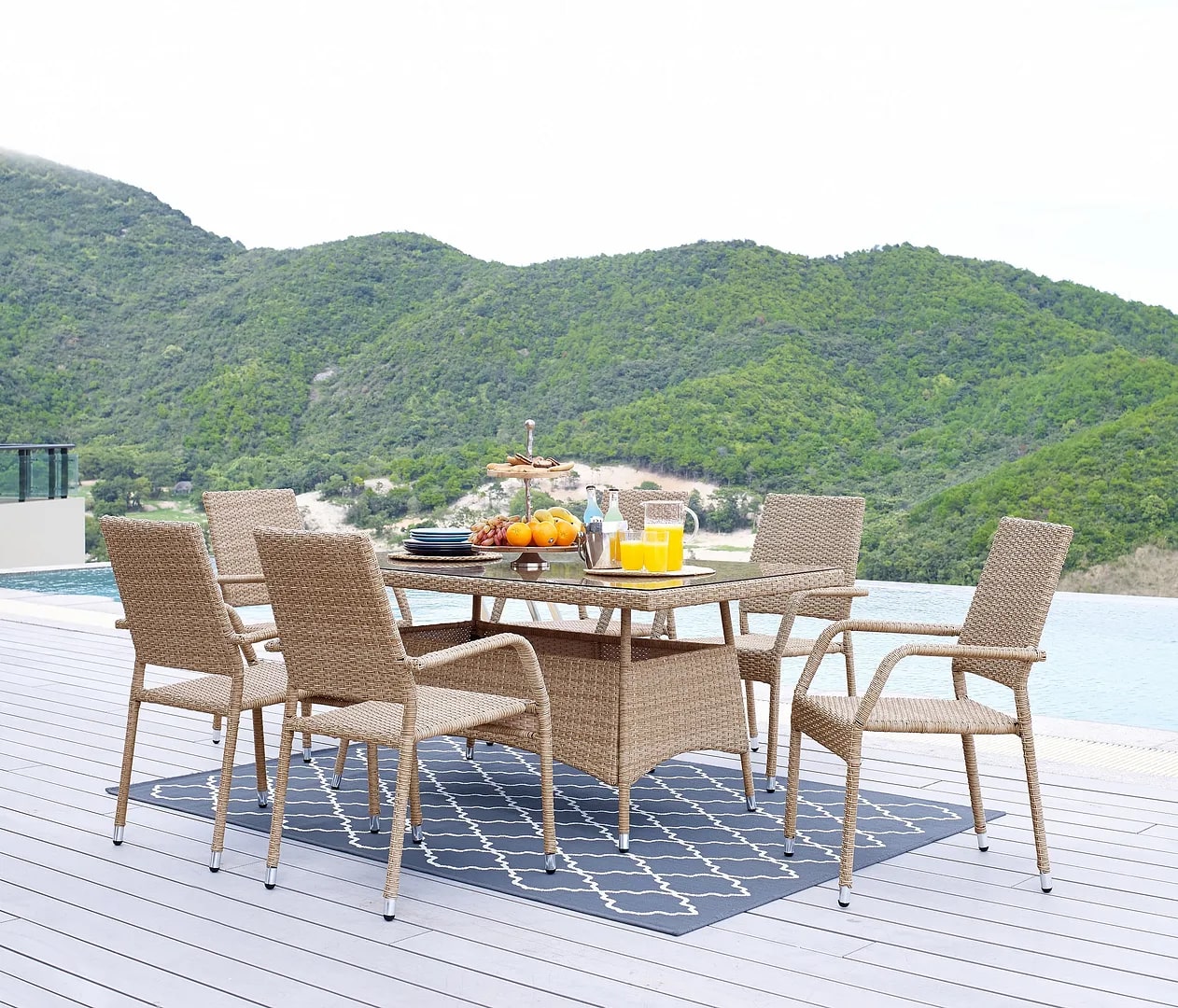 Genoa 7-Piece Steel Rectangle Glass Top Outdoor Dining Table w/6 Armchairs