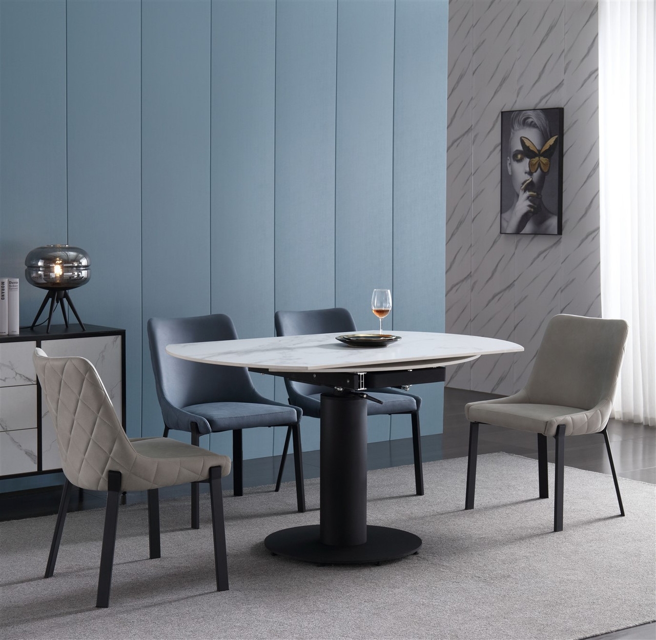 Oden Rotating Extension Dining Table with Carrera Style Porcelain Top