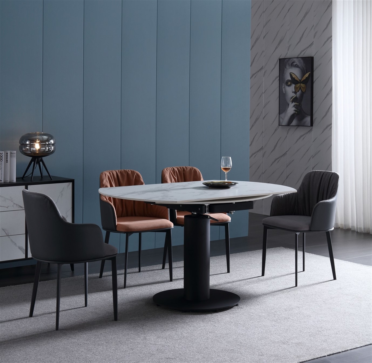 Oden Rotating Extension Dining Table with Carrera Style Porcelain Top