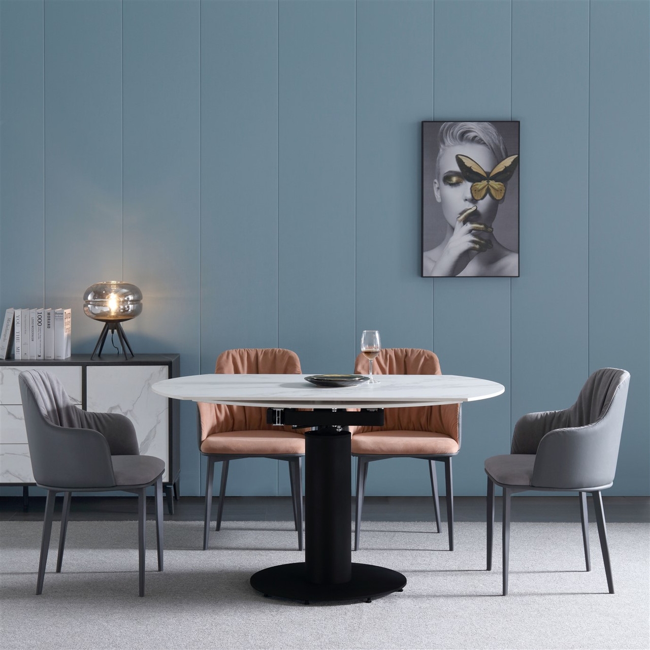 Oden Rotating Extension Dining Table with Carrera Style Porcelain Top