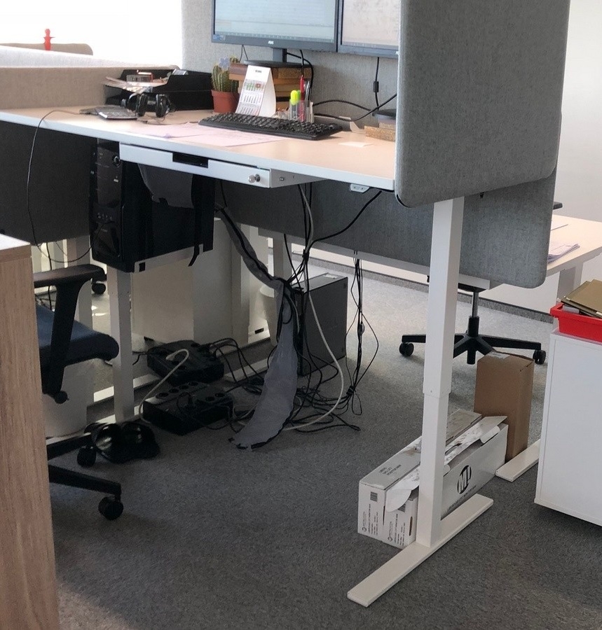 One 63" Electric Height Adjustable Office Desk w/Cut-Out for Wire Management (scallop) & Mesh Fabric Cover for Control Box under The Desktop