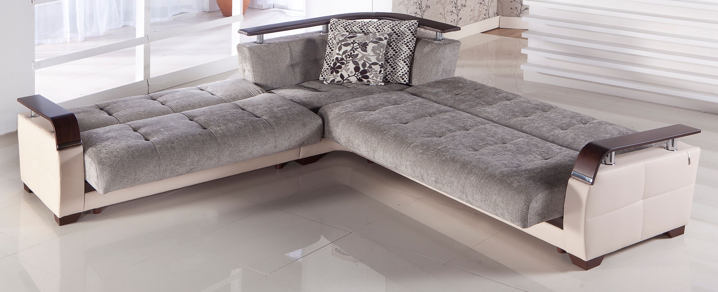 Natural Fabric/PU Storage Sleeper L-Shaped Sectional Sofa w/Wooden Armrests