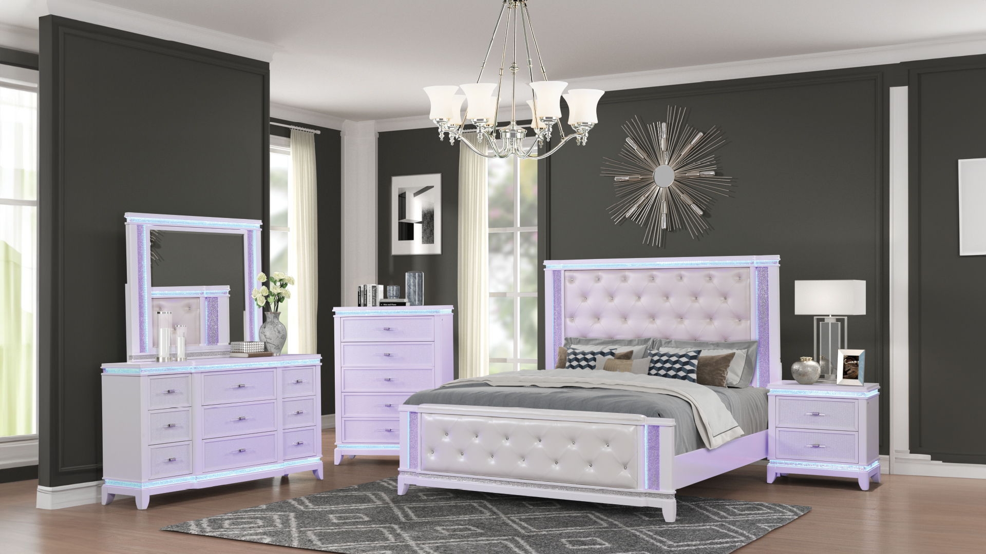 Opium Bed with Leatherette Upholstered Footboard & Headboard, LED Lighting